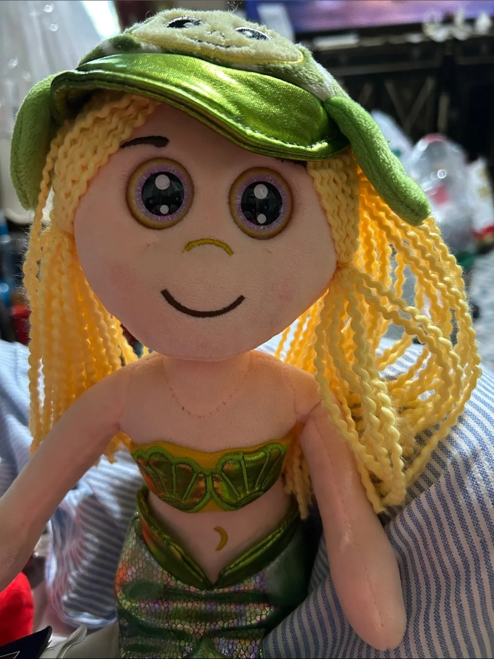 Big glassy eyes and Green scale legs and hat MERMAID doll. EUC